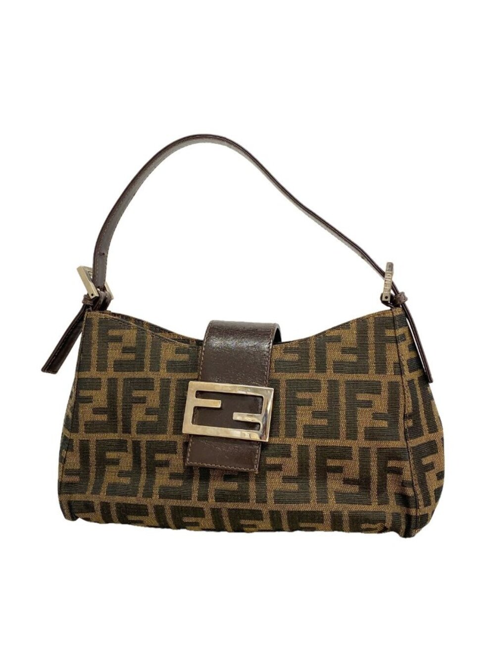 Fendi Handbag Zucca Nylon Canvas Brown Silver